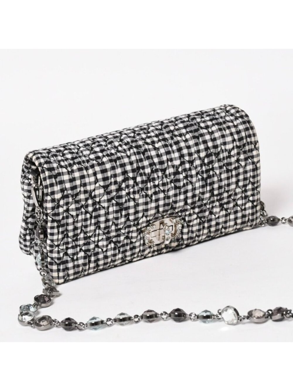 Miu Miu Matelasse Bijou Chain Shoulder Bag Gingham Check Rhinestone - Picture 3 of 16